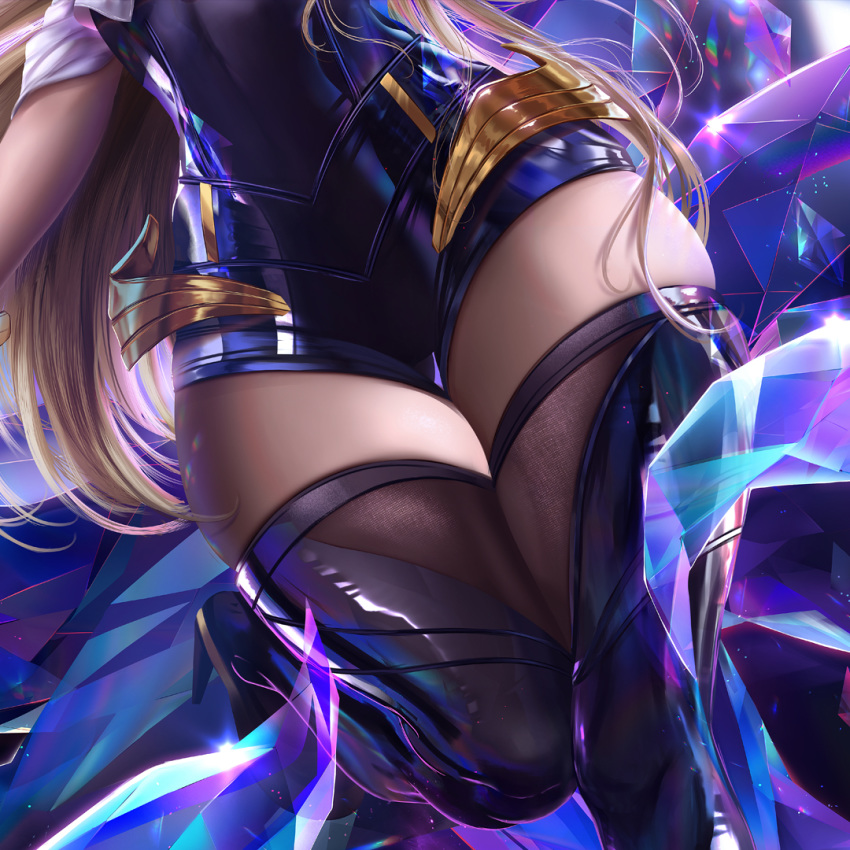 ahri blonde_hair close-up crystal fox_tail high_heels idol javier_estrada jewelry k/da_(league_of_legends) k/da_ahri league_of_legends leg_up long_hair lower_body tail thighhighs thighs