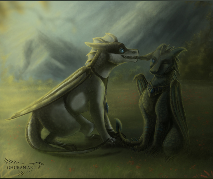 2018 blue_eyes digital_media_(artwork) dragon duo feral grass horn hydlunn scalie sitting spines teeth western_dragon