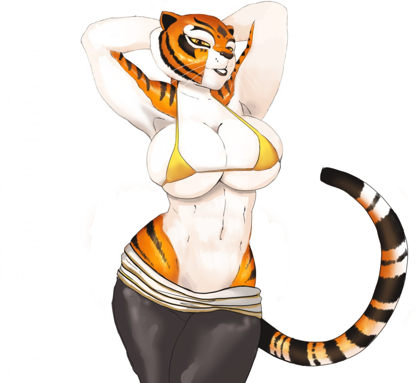 2018 anthro bedroom_eyes big_breasts bikini black_fur breasts cleavage clothed clothing digital_media_(artwork) feline female fur half-closed_eyes hands_behind_head hi_res huge_breasts kung_fu_panda looking_at_viewer mammal master_tigress micro_bikini navel necrolepsy orange_eyes orange_fur pose seductive side_boob skimpy smile solo standing striped_fur stripes swimsuit tiger under_boob whiskers white_fur yellow_sclera