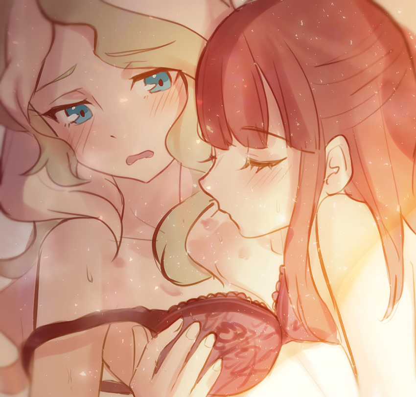 2girls blue_eyes blush bra breasts brown_hair cleavage collarbone couple diana_cavendish embarrassed grope hickey kagari_atsuko kiss little_witch_academia moaning multicolored_hair multiple_girls simple_background underwear wavy_mouth white_background yuri