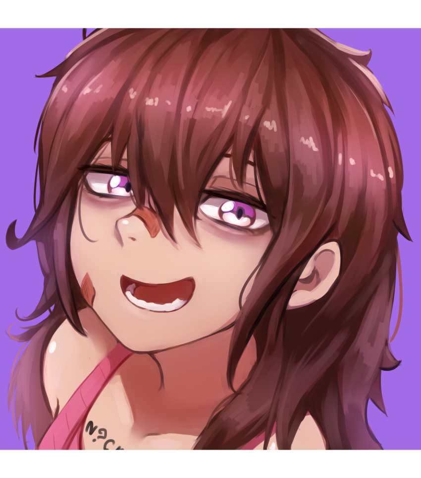 artist_name bags_under_eyes bandaid bandaid_on_nose bare_shoulders brown_hair camisole collarbone ears eyelashes highres long_hair looking_at_viewer messy_hair nickniceth open_mouth original pink_camisole purple_background purple_eyes smile solo teeth upper_body