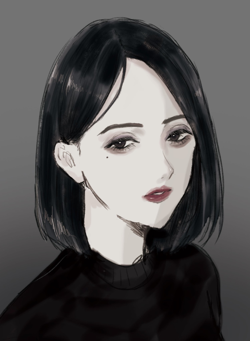 bad_id bad_twitter_id bangs black_eyes black_hair black_skirt commentary_request eyelashes gradient gradient_background grey grey_background highres kuromitsu looking_at_viewer mole mole_under_eye original parted_bangs portrait red_lips shiny shiny_hair short_hair skirt solo