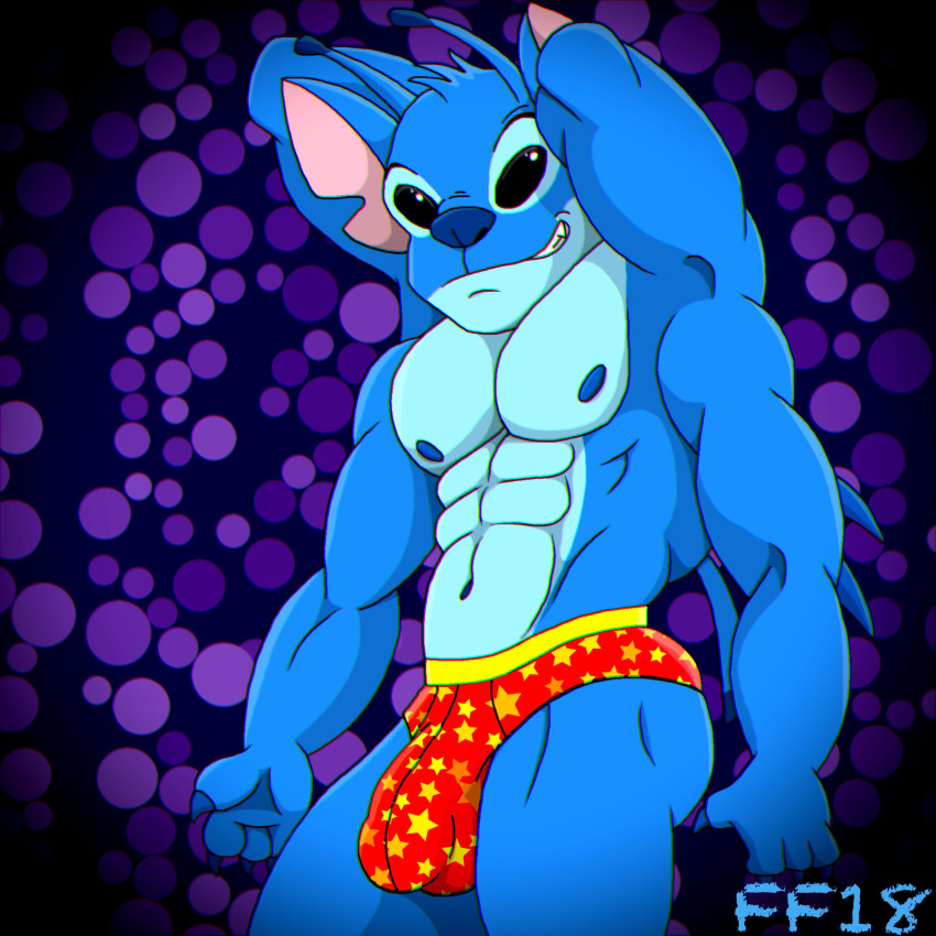 2018 4_arms 4_fingers abs absurd_res alien antennae anthro anthrofied back_spines black_eyes blue_claws blue_fur blue_nipples blue_nose bulge chromatic_aberration claws clothing digital_drawing_(artwork) digital_media_(artwork) dipstick_antennae disney experiment_(species) fabfelipe fur hands_behind_back head_tuft hi_res lilo_and_stitch looking_at_viewer male multi_arm multi_limb muscular muscular_male navel nipples notched_ear smile smirk solo stitch tuft underwear vignette