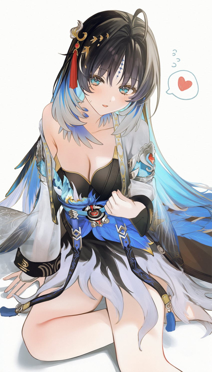 1girl ahoge ai-assisted black_dress black_hair blue_eyes blue_hair blush breasts cleavage colored_inner_hair commentary_request dress feather_hair hair_intakes hair_ornament heart highres long_hair looking_at_viewer multicolored_hair open_mouth poki_(j0ch3fvj6nd) sitting solo speech_bubble tacet_mark_(wuthering_waves) wuthering_waves yangyang_(wuthering_waves) yangyang_(xuanling)_(wuthering_waves)