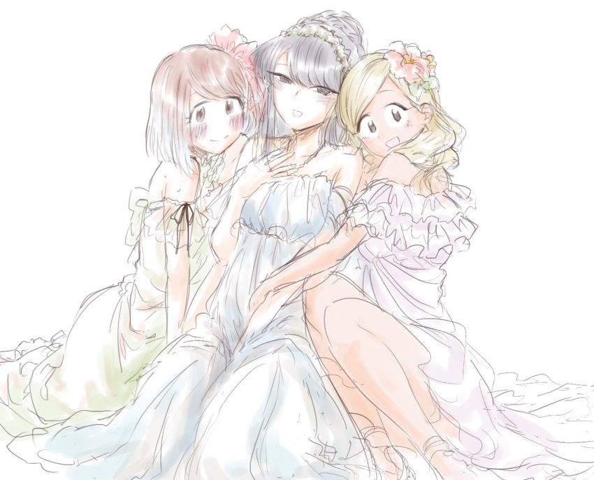 black_eyes black_hair dress flower girl_sandwich hair_flower hair_ornament komi-san_wa_komyushou_desu komi_shouko long_hair looking_at_viewer manbagi_rumiko mitsugu multiple_girls sandwiched sasaki_ayami smile white_background