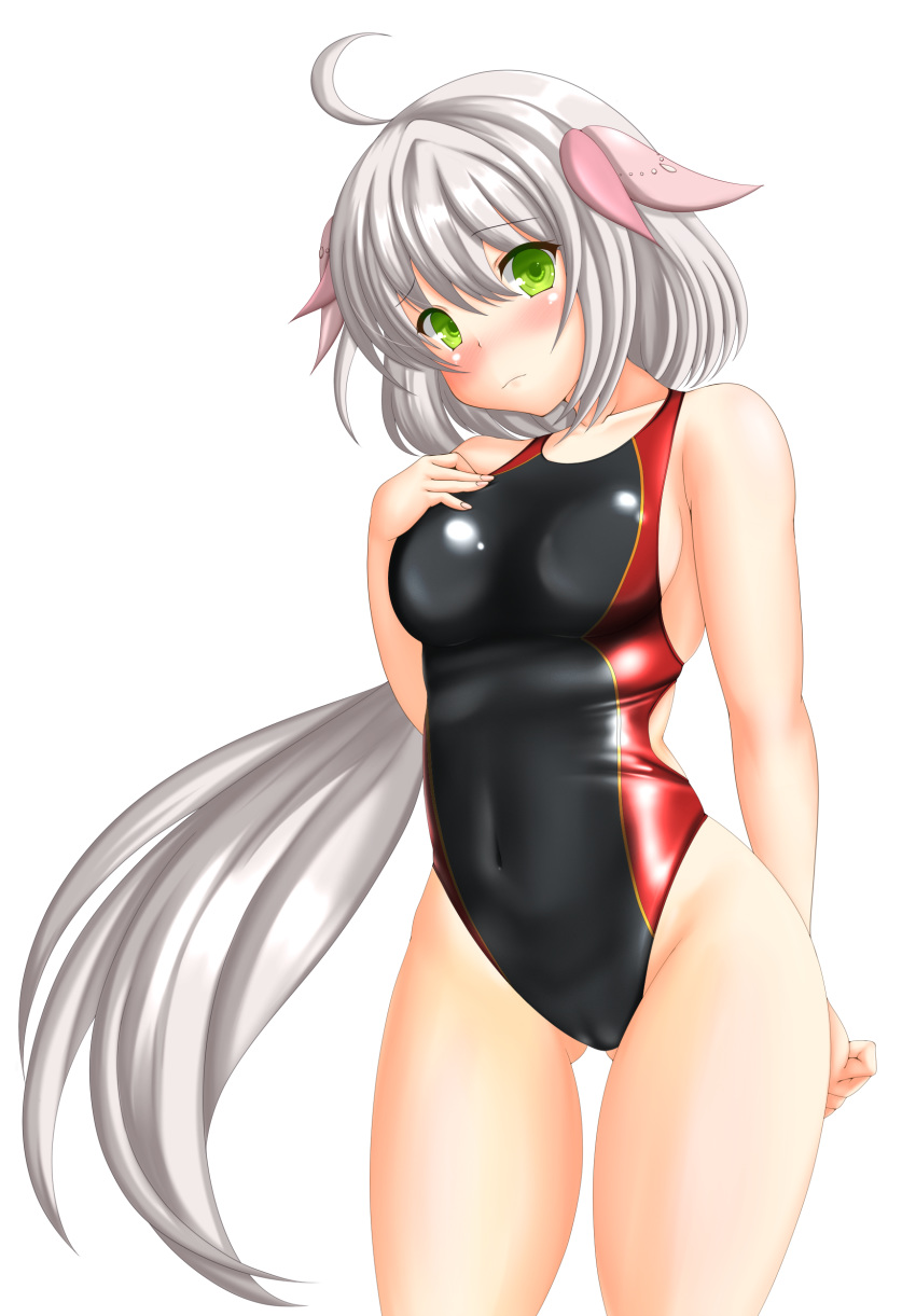 absurdres ahoge ass_visible_through_thighs black_legwear black_swimsuit breasts commentary_request competition_swimsuit flower_knight_girl green_eyes grey_hair hair_ornament hand_on_own_chest head_tilt highres long_hair medium_breasts one-piece_swimsuit piko_hiroshi serruria_(flower_knight_girl) simple_background solo standing swimsuit white_background