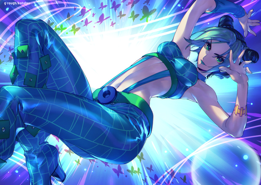 armpits blue_lipstick boots bug butterfly commentary_request crop_top double_bun eyebrows_visible_through_hair gradient gradient_background hair_bun high_heel_boots high_heels highres insect jojo_no_kimyou_na_bouken kotatsu_(g-rough) kuujou_jolyne lipstick makeup multicolored_hair navel solo spider_web_print stomach stone_ocean suspenders two-tone_hair