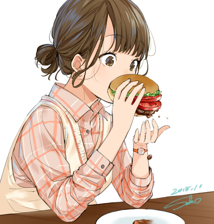 absurdres brown_eyes brown_hair commentary_request eating food hamburger highres original plaid plaid_shirt sako_(user_ndpz5754) shirt solo sweater_vest tied_hair watch white_background wristwatch