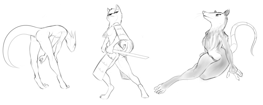 4_toes anthro anus bent_over breasts canine clothed clothing dog female greyscale holding_object holding_weapon lizard long_tail looking_at_viewer looking_away mammal marsupial melee_weapon monochrome nude opossum pussy reptile samurai scalie shiba_inu simple_background sitting sketch sketch_page snout standing sword toes w4g4 weapon white_background
