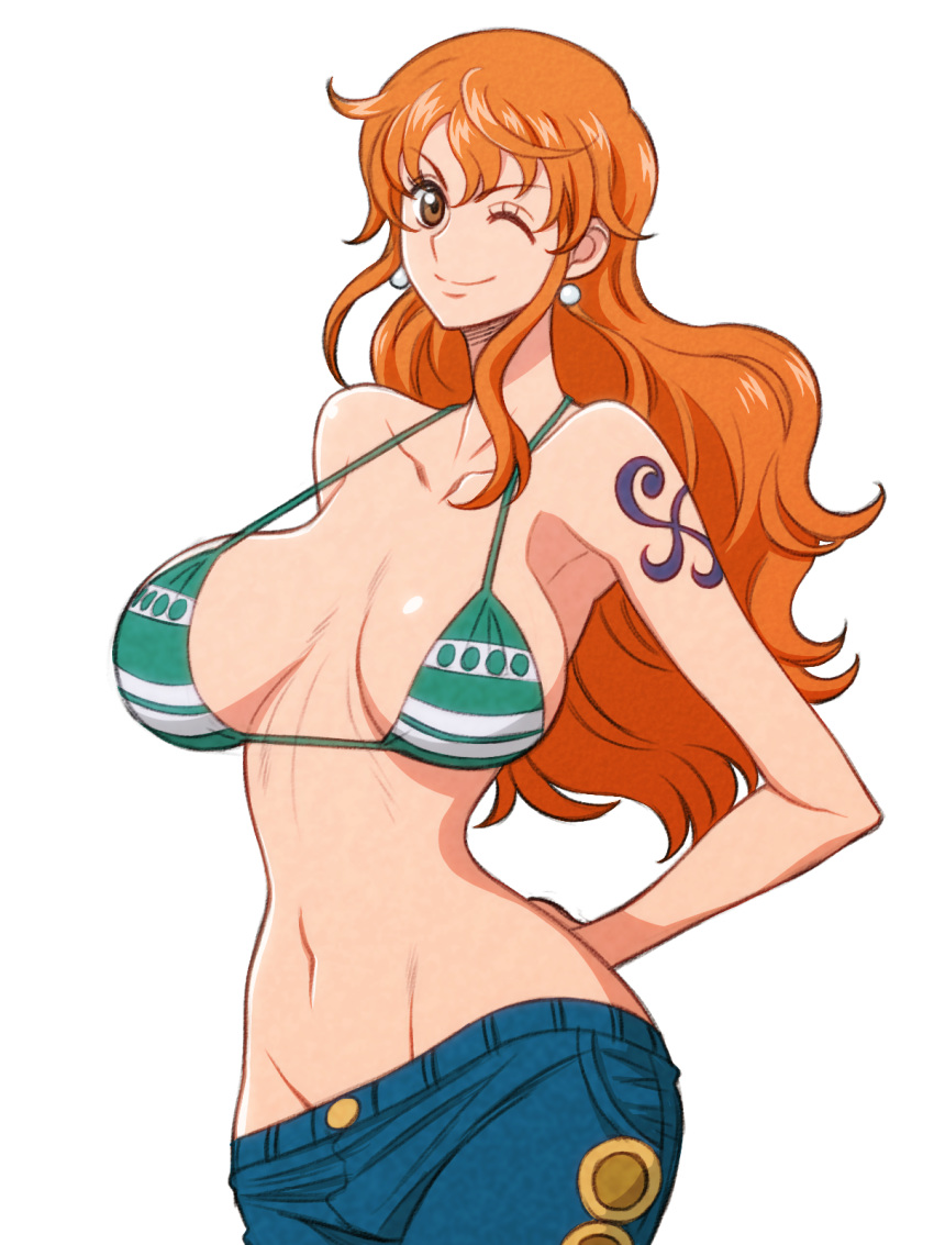 1girl bare_arms bare_shoulders bikini_top brown_eyes cu8rvy denim eye_closed female high_resolution jeans joy_division nami_(one_piece) navel one_piece orange_hair pants simple_background smile solo stomach tattoo white_background wink