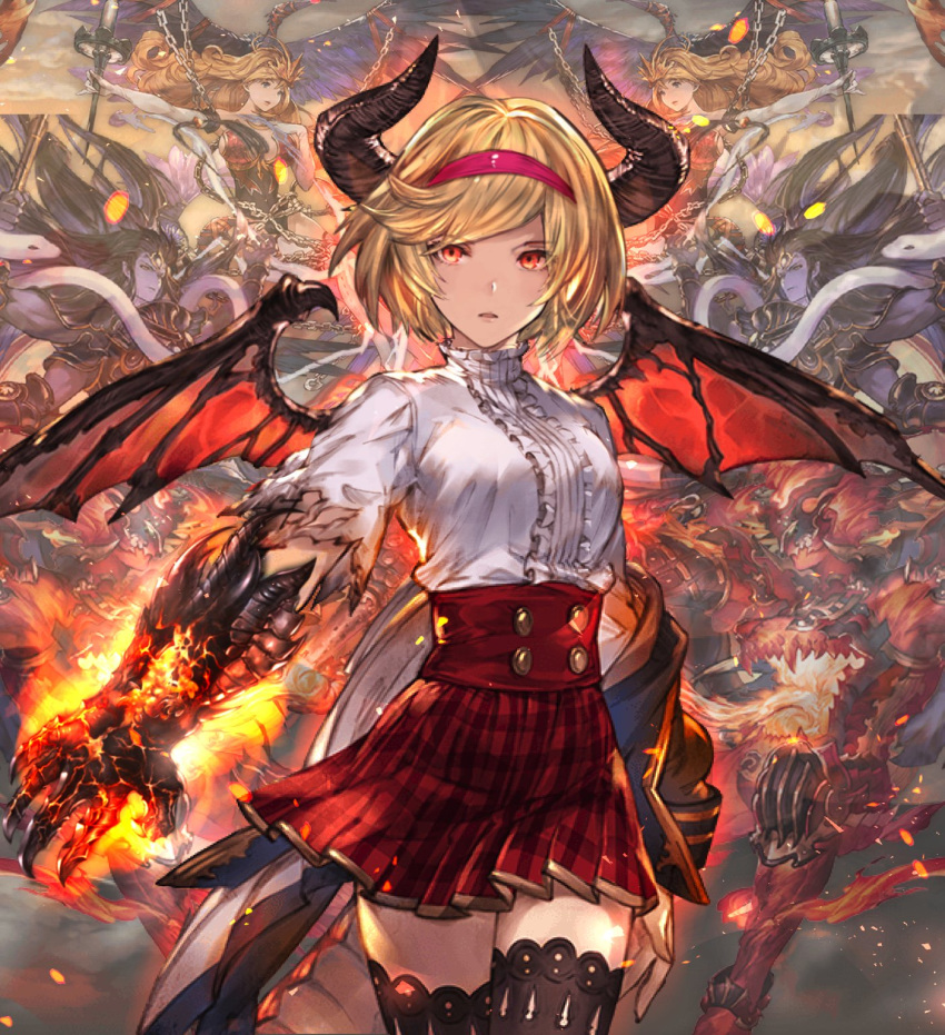 black_legwear blonde_hair cowboy_shot djeeta_(granblue_fantasy) dress_shirt granblue_fantasy hairband highres horns looking_at_viewer milli_little miniskirt orange_eyes parted_lips pink_hairband pleated_skirt red_skirt shirt short_hair skirt solo standing thighhighs torn_clothes torn_shirt white_shirt wings zettai_ryouiki