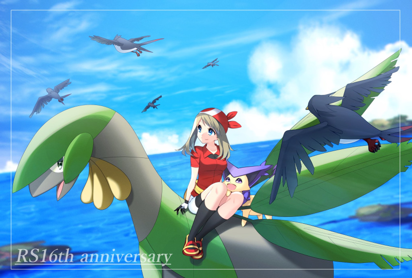 bad_id bad_twitter_id bandana bike_shorts black_legwear black_shorts blue_eyes blue_sky blurry blurry_background brown_hair copyright_name day delcatty full_body haruka_(pokemon) highres kneehighs long_hair miniskirt ocean outdoors pencil_skirt pokemon pokemon_(creature) pokemon_(game) pokemon_rse red_shirt shirt short_sleeves shorts shorts_under_skirt sitting skirt sky smile swellow tropius white_skirt yuihiko