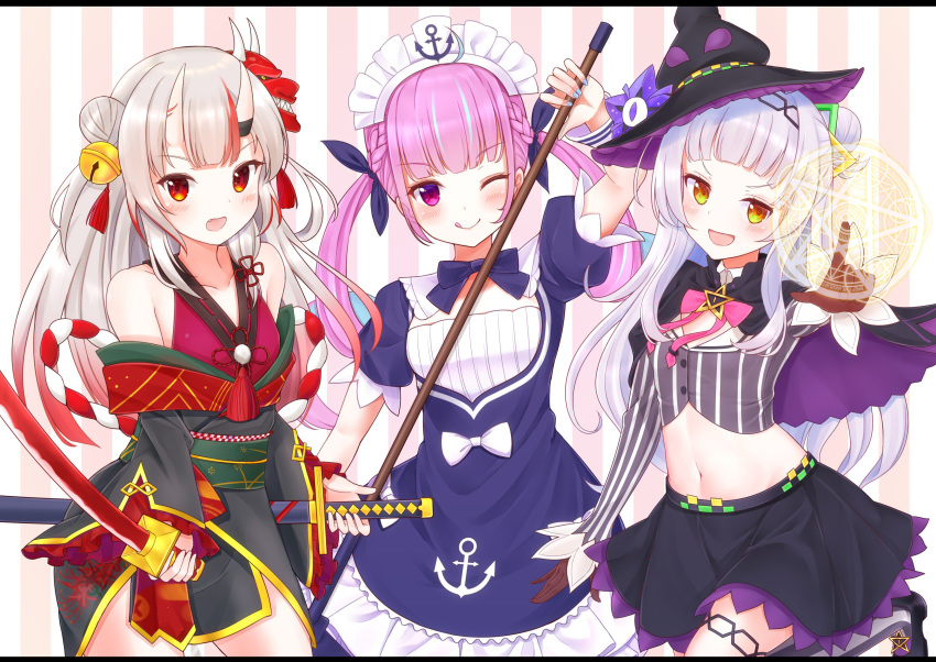 absurdres anchor_symbol bell collarbone commentary_request detached_sleeves gloves hair_bun hair_ribbon hat highres hololive horns katana lavender_hair leg_up long_hair looking_at_viewer magic_circle maid_headdress mask mask_on_head midriff minato_aqua multiple_girls murasaki_shion nakiri_ayame navel open_mouth pointing pointing_at_viewer purple_hair red_eyes ribbon silver_hair sword tongue tongue_out twintails virtual_youtuber weapon witch_hat yellow_eyes