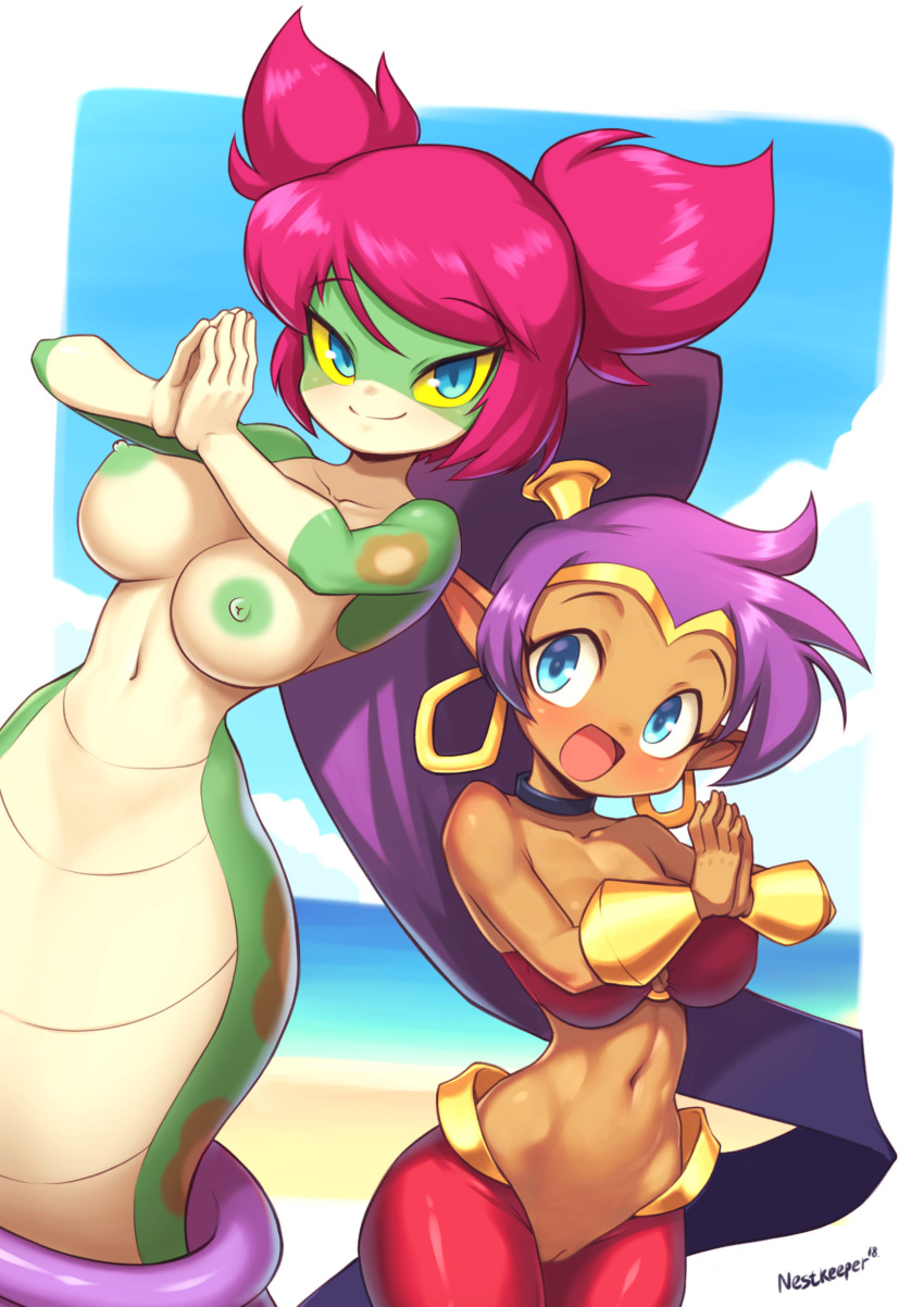 2girls arabian_clothes bare_shoulders blue_eyes breasts dark_skin green_nipples green_skin harem_pants highres lamia large_breasts long_hair midriff monster_girl multiple_girls navel nestkeeper open_mouth pants ponytail purple_hair pussy red_hair shantae shantae:_half-genie_hero shantae_(character) shantae_(series) smile snake third-party_edit tuki_(shantae) twintails very_long_hair yellow_sclera