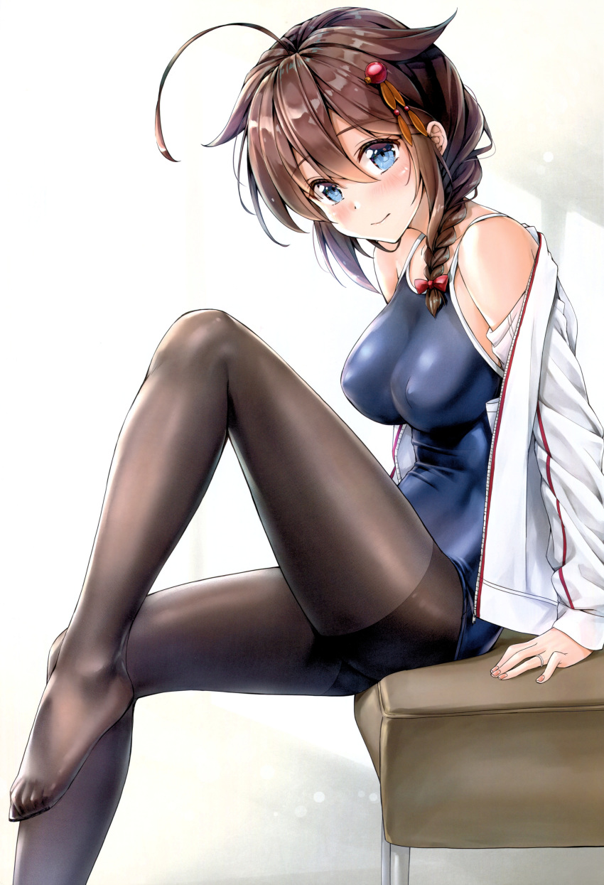 absurdres arm_support bangs bare_shoulders blue_eyes blush braid breasts brown_hair covered_nipples eyebrows_visible_through_hair fingernails hair_flaps hair_ornament highres jacket jewelry kantai_collection kotatsu_(kotatsu358) long_hair long_sleeves looking_at_viewer medium_breasts off_shoulder one-piece_swimsuit open_clothes open_jacket pantyhose pantyhose_under_swimsuit remodel_(kantai_collection) ring scan shigure_(kantai_collection) shiny shiny_clothes shiny_hair shiny_skin sidelocks simple_background swimsuit