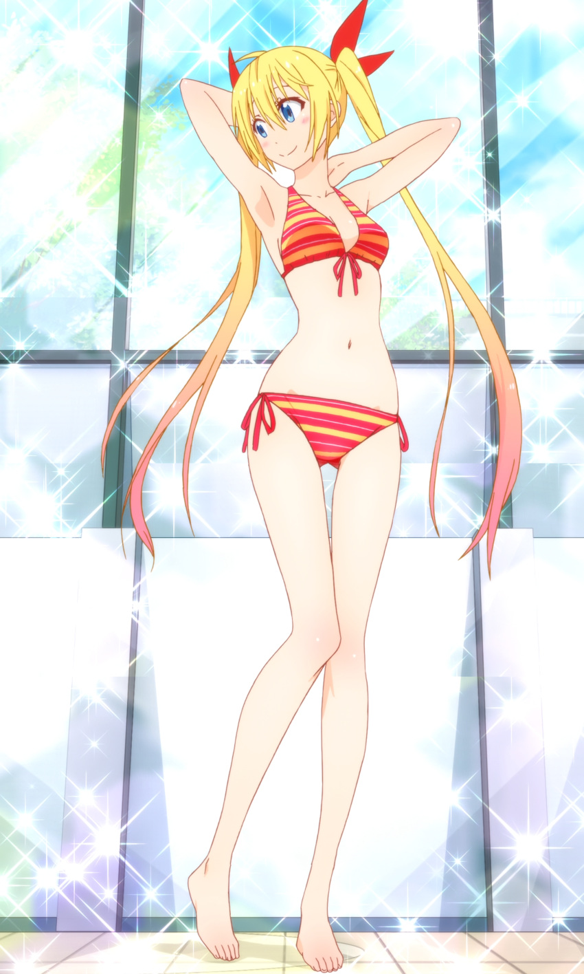 bikini blonde_hair blue_eyes breasts highres kirisaki_chitoge long_hair nisekoi ribbon screencap smile stitched swimsuit third-party_edit twintails