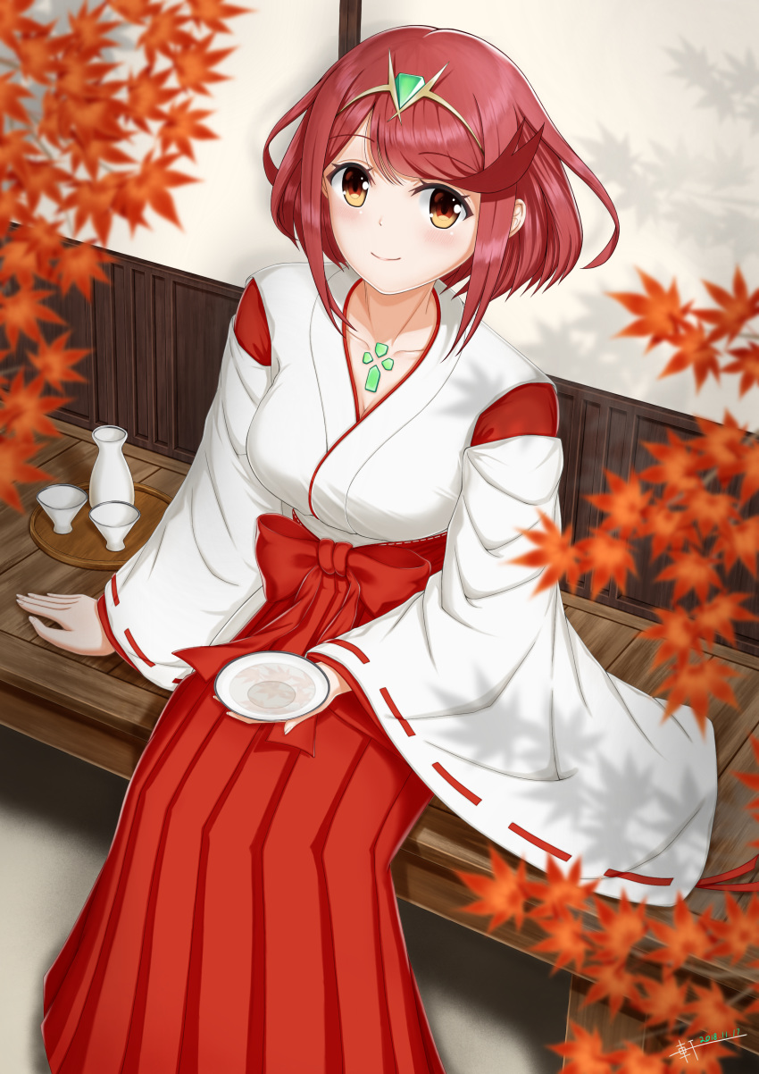 absurdres alcohol autumn_leaves bad_id bad_pixiv_id blush breasts brown_eyes choko_(cup) cleavage collarbone commentary_request cup hair_ornament highres homura_(xenoblade_2) huge_filesize japanese_clothes ken-san large_breasts leaf looking_at_viewer looking_up maple_leaf miko red_hair sakazuki sake short_hair sitting smile solo tokkuri xenoblade_(series) xenoblade_2