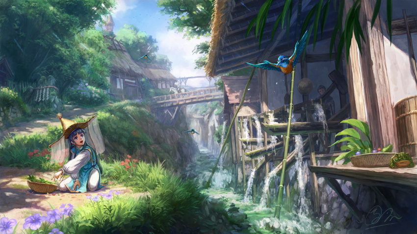 animal bird blue_eyes blue_hair flowers grass hat long_hair original scenic shiki_makoto signed