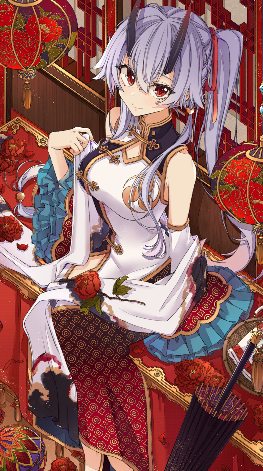 1girl absurdres alternate_costume china_dress chinadress chinese_clothes dress fate/grand_order fate_(series) hair_between_eyes heroic_spirit_traveling_outfit highres horns huge_filesize lamp long_hair looking_up oni_horns oriental_umbrella osanai red_eyes silver_hair sitting sleeveless sleeveless_dress solo tomoe_gozen_(fate/grand_order) umbrella undressing very_long_hair
