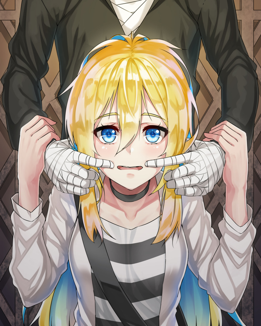 1girl bandages black_shirt blonde_hair blue_eyes blue_hair bungyeo_(wkddnjs1324) choker collarbone hair_between_eyes highres isaac_foster jacket long_hair long_sleeves looking_at_viewer multicolored_hair open_clothes open_jacket open_mouth rachel_gardner satsuriku_no_tenshi shiny shiny_hair shirt striped striped_shirt two-tone_hair upper_body very_long_hair white_jacket