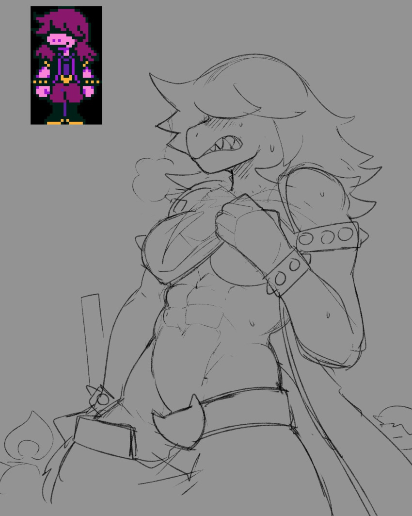 abs anthro blush breasts clothed clothing deltarune female hair krekk0v muscular muscular_female reptile scalie solo susie_(deltarune) sweat undertale video_games