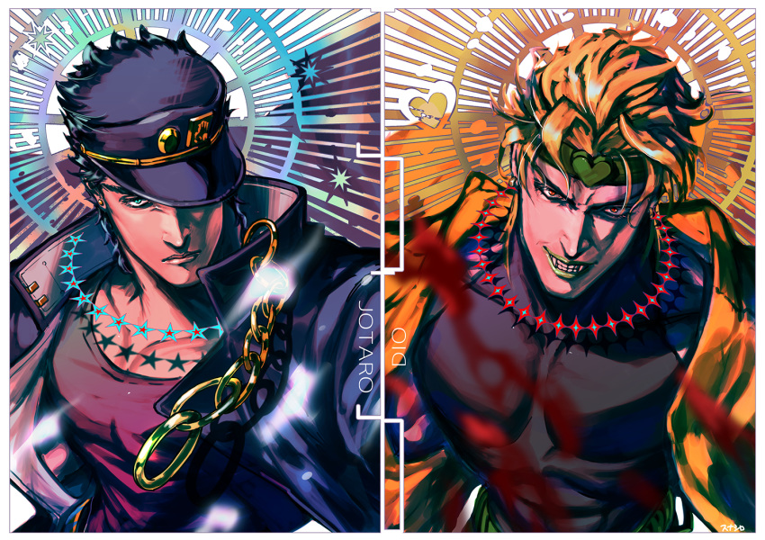 all_male awa_suna blonde_hair dio_brando green_eyes hat jojo_no_kimyou_na_bouken kuujou_joutarou male orange_eyes short_hair