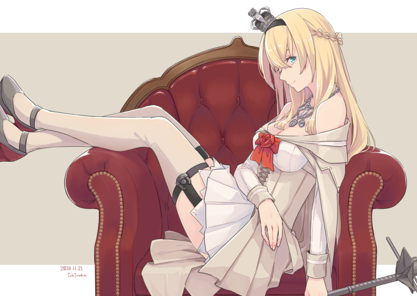 arm_across_waist artist_name bare_shoulders black_footwear blonde_hair blue_eyes blush braid breasts commentary corset couch crossed_ankles crown dated dress flower french_braid garter_straps globus_cruciger hair_between_eyes hairband high_heels holding holding_weapon jewelry kantai_collection long_hair long_sleeves mary_janes mini_crown necklace off-shoulder_dress off_shoulder open_mouth red_flower red_ribbon red_rose ribbon rose scepter shoes sitting smile solo thighhighs ueno_(sakumogu-029) warspite_(kantai_collection) weapon white_dress white_legwear