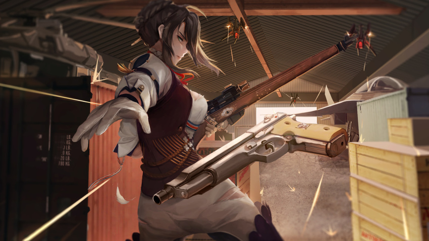 action aircraft airplane arm_strap bangs beretta_92 bolt_action boots braid breasts brown_hair brown_vest bullet_trail crown_braid day fighter_jet floating_hair girls_frontline gloves green_eyes gun hair_ornament half-closed_eyes handgun hangar helicopter highres holding holding_gun holding_weapon jet large_breasts lee-enfield lee-enfield_(girls_frontline) lien-tsu long_hair looking_at_viewer military military_uniform military_vehicle pants pistol rifle shipping_container shirt sleeve_cuffs thigh_boots thighhighs torn_clothes tossing uniform vest weapon white_gloves white_pants white_shirt