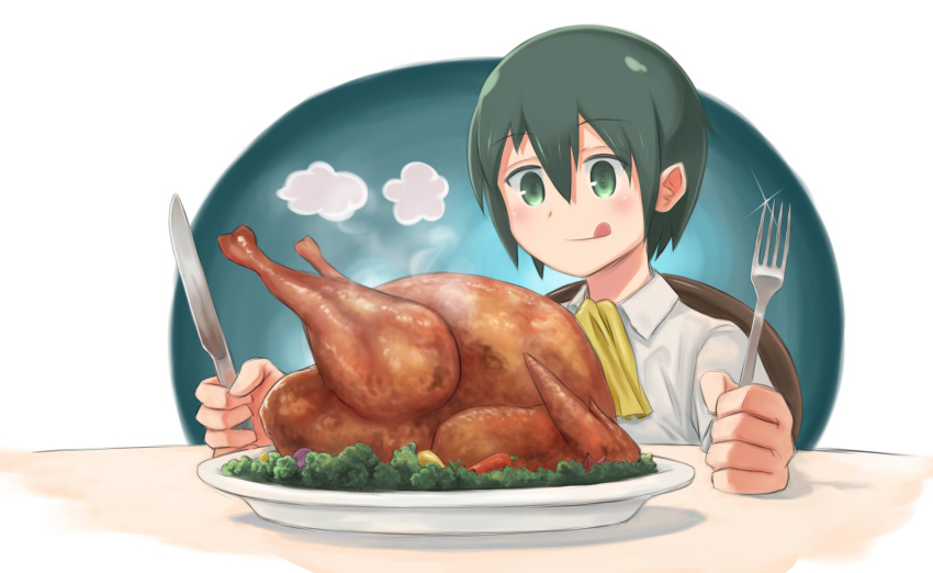 androgynous commentary food fork green_eyes green_hair highres holding holding_fork holding_knife kino kino_no_tabi knife licking_lips short_hair solo steam tauke tongue tongue_out turkey_(food)