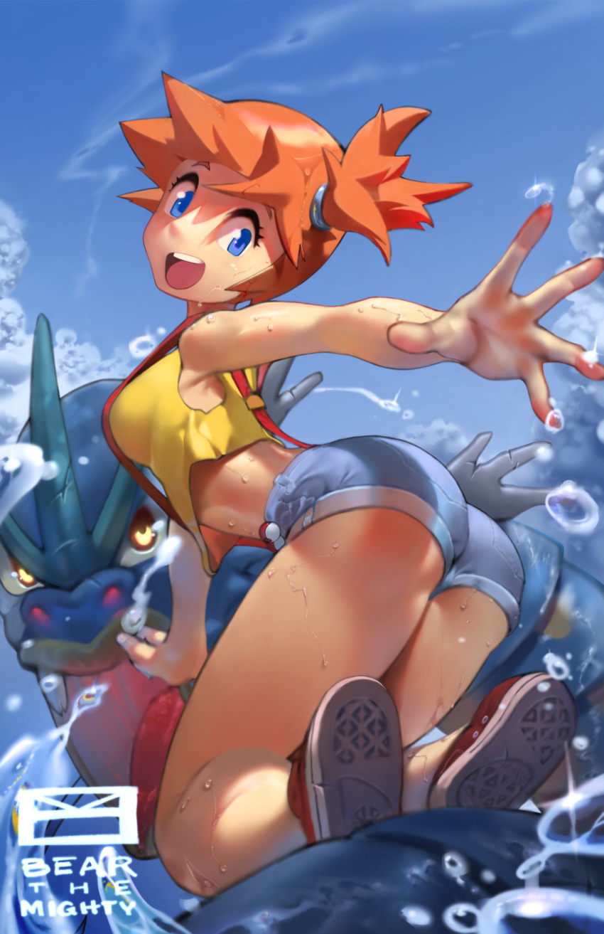 90s :d ass bare_arms bare_legs bare_shoulders bearthemighty blue blue_eyes blue_sky cloud cloudy_sky crop_top crop_top_overhang day denim denim_shorts gen_1_pokemon gyarados gym_leader hands high_tops highres kasumi_(pokemon) kneepits legs open_hands open_mouth orange_hair outdoors palms poke_ball poke_ball_(generic) pokemon pokemon_(anime) pokemon_(classic_anime) pokemon_(creature) red_footwear shirt shoe_soles shoes short_hair short_shorts shorts side_ponytail sideways_mouth sky sleeveless sleeveless_shirt smile sneakers spread_fingers strap_gap suspender_shorts suspenders tank_top upper_teeth very_short_hair waist_poke_ball water yellow_shirt