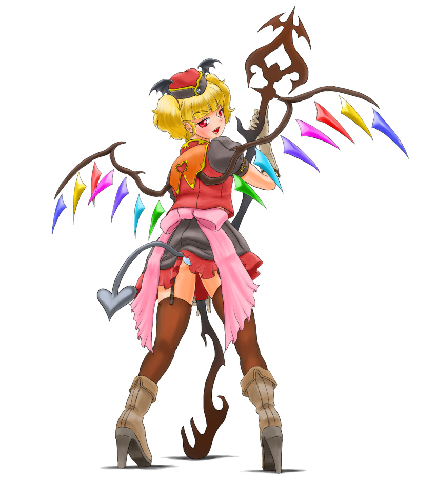 axis_fran back back_bow beige_footwear black_tail black_wings boots bow brown_legwear commentary_request demon_tail demon_wings flandre_scarlet frilled_bow frilled_skirt frills from_behind full_body garter_straps hat head_wings high_heel_boots high_heels highres holding knee_boots laevatein_(tail) legs looking_at_viewer looking_back open_mouth panties pigeon-toed pink_bow red_frills red_hat shadow shoe_soles short_hair short_sleeves simple_background skirt solo tail tail_raised thighhighs touhou underwear upskirt white_background wings