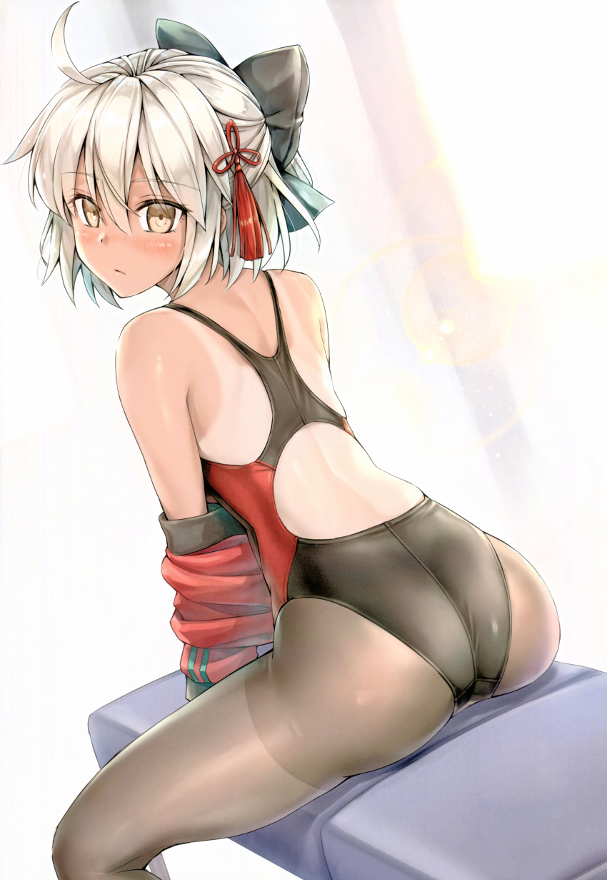 absurdres ahoge ass bangs bare_shoulders black_bow black_swimsuit blush bow brown_eyes chair closed_mouth competition_swimsuit cowboy_shot dark_skin eyebrows_visible_through_hair fate/grand_order fate_(series) from_behind hair_bow hair_ornament highres jacket kotatsu_(kotatsu358) lens_flare long_hair looking_at_viewer looking_back okita_souji_(alter)_(fate) okita_souji_(fate)_(all) one-piece_swimsuit one-piece_tan panties_under_swimsuit pantyhose pantyhose_under_swimsuit red_jacket red_ribbon ribbon scan shiny shiny_clothes shiny_skin simple_background sitting solo swimsuit tan tanline thighband_pantyhose tied_hair white_hair