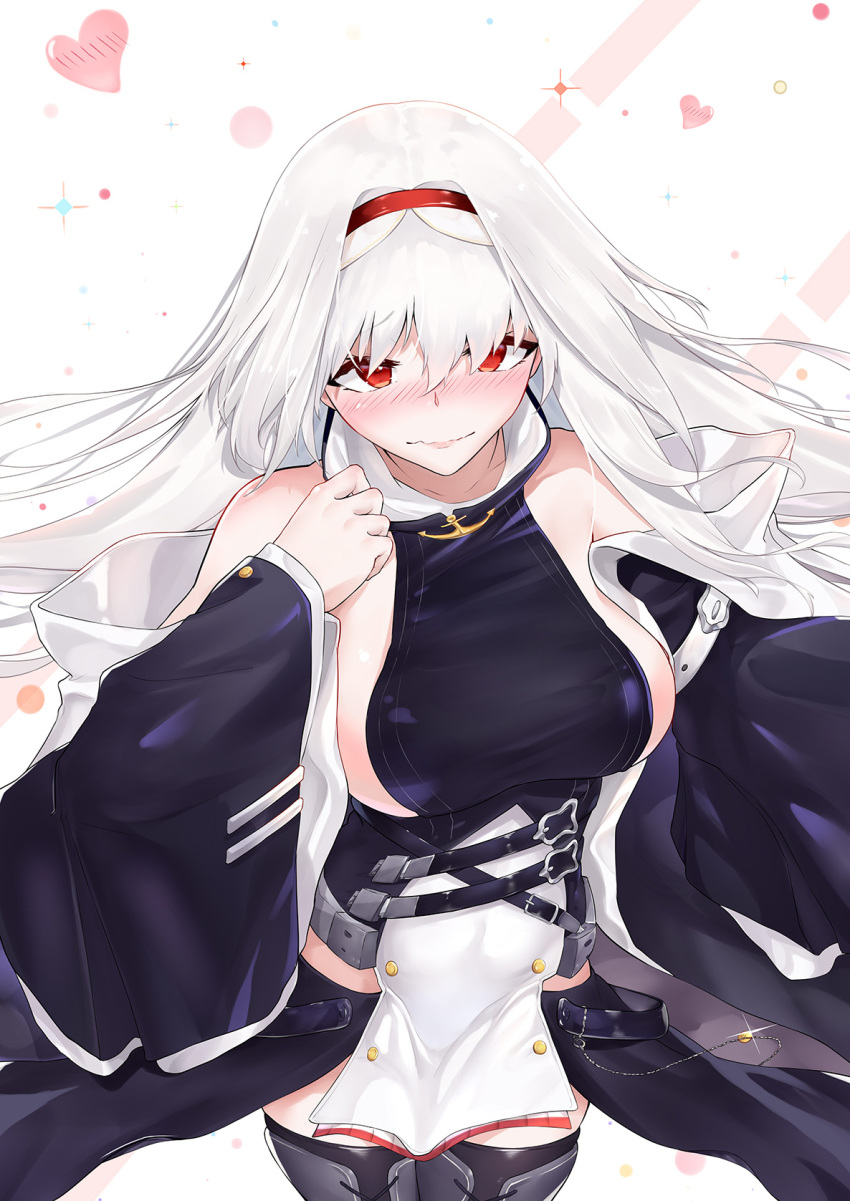 azur_lane bare_shoulders belt blush boots breasts coat colorado_(azur_lane) commentary_request detached_sleeves dress hairband highres large_breasts long_hair red_eyes sideboob silver_hair sleeveless sleeveless_dress solo thighhighs white_hair zie_(pannihe)