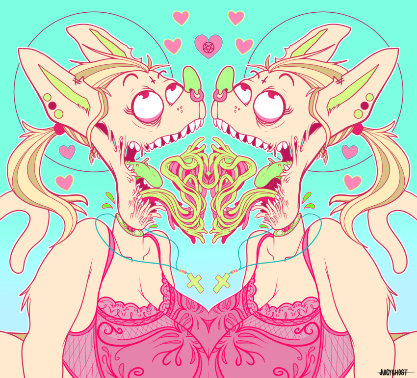 big_breasts blonde_hair bra breasts candy_gore canine clone clothing cross decapitation design female glasgow_smile green_tongue guts hair juicyghost mammal mirrored piercing ponytail satanic sibling simple_background sisters symmetry twins underwear