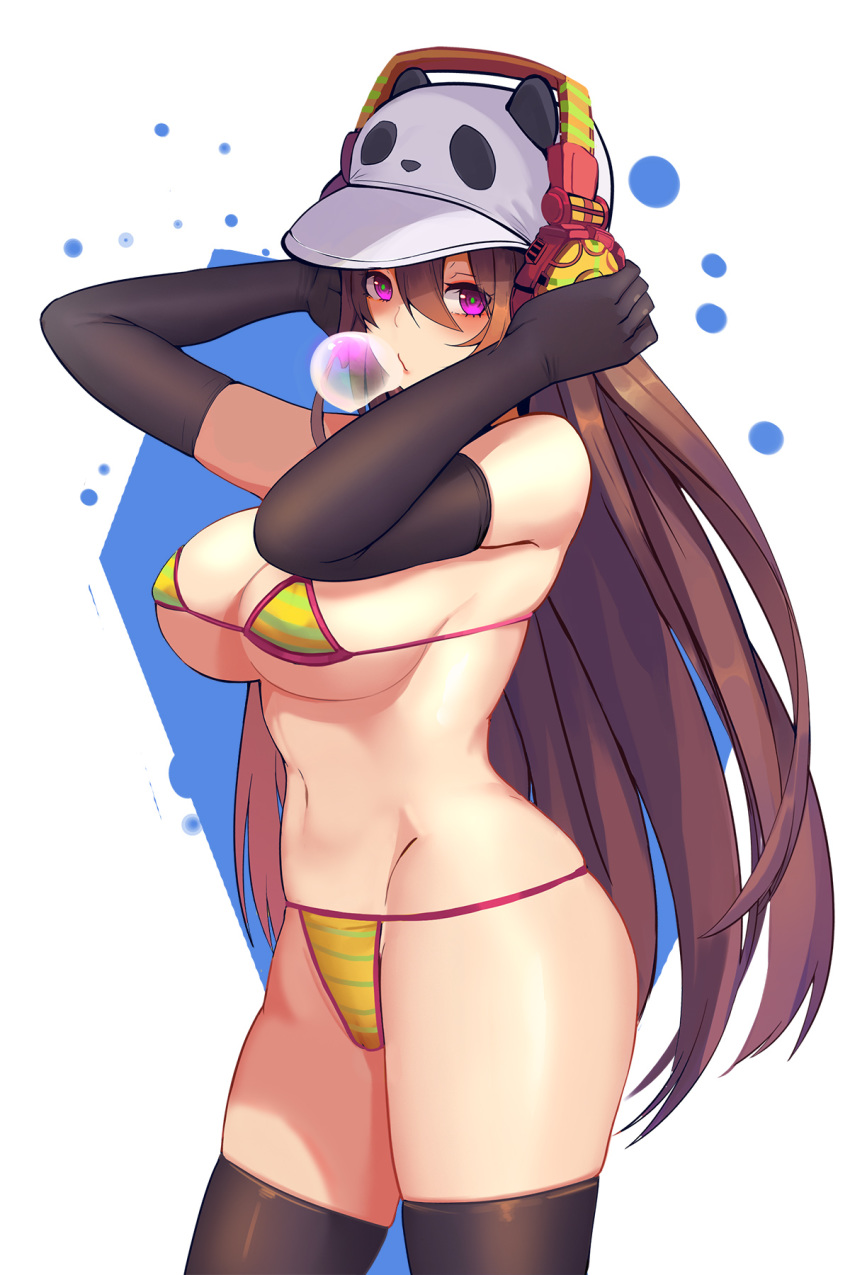 armpit_crease arms_up bare_shoulders bikini black_gloves black_legwear blue_background breasts brown_hair bubble_blowing elbow_gloves gg-e gloves hair_between_eyes hat headphones highres large_breasts long_hair looking_at_viewer navel original panda_hat purple_eyes solo standing string_bikini swimsuit thighhighs two-tone_background underboob very_long_hair white_background white_hat yellow_bikini