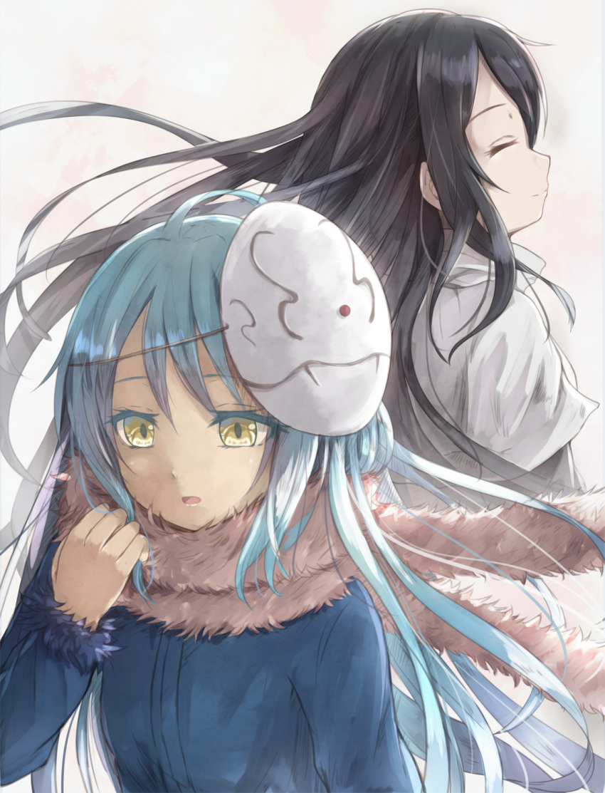 bangs black_hair blue_hair blue_jacket closed_eyes closed_mouth commentary english_commentary eyebrows_visible_through_hair fur-trimmed_jacket fur_collar fur_trim grey_background hair_between_eyes hand_up highres hikari_niji izawa_shizue jacket light_smile long_hair long_sleeves mask mask_on_head multiple_girls rimuru_tempest short_over_long_sleeves short_sleeves tensei_shitara_slime_datta_ken very_long_hair white_jacket yellow_eyes