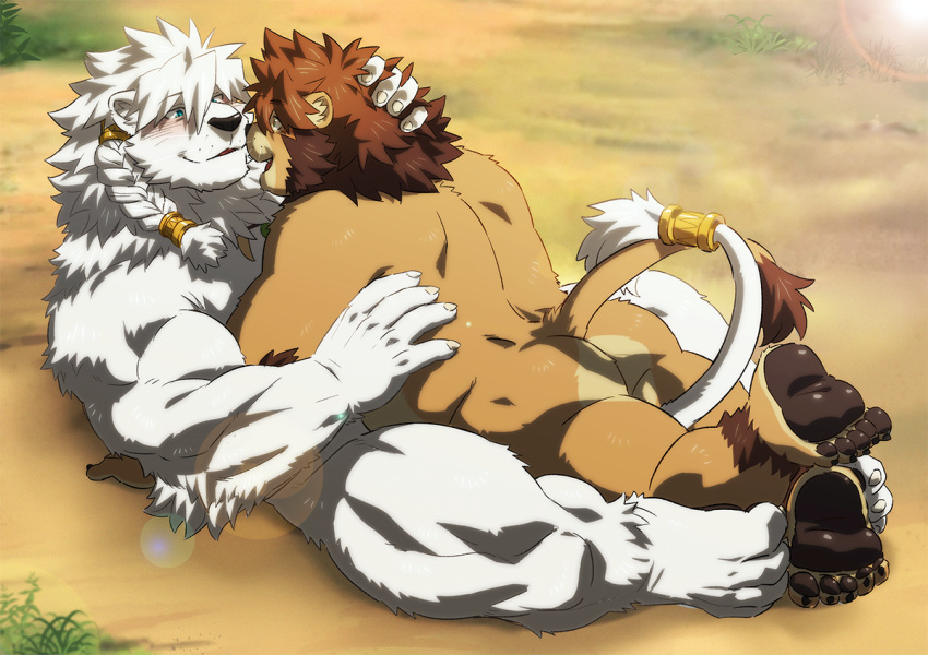 blush braided_hair butt cuddling feline hair jewelry lion lying male male/male mammal manolion muscular muscular_male nude rossciaco smile