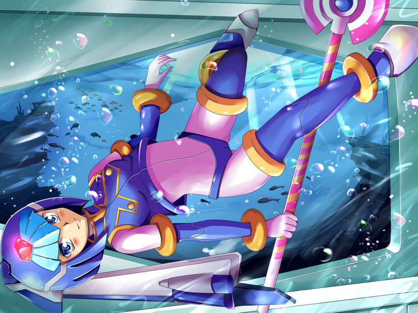1girl android blue_eyes blush bodysuit breasts bubble fish floating gloves helmet highres holding holding_weapon leviathan_(rockman) light_rays polearm rockman rockman_zero shiguko small_breasts smile solo spear thighhighs underwater water weapon white_gloves