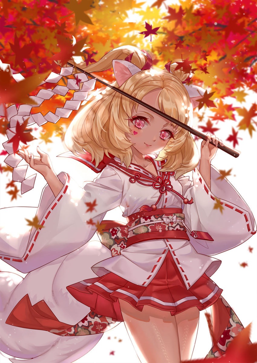 animal_ears arms_up autumn autumn_leaves blade_&amp;_soul blonde_hair commentary_request falling_leaves fox_ears fox_tail gohei hakama_skirt highres japanese_clothes leaf long_hair lyn_(blade_&amp;_soul) miko miniskirt obi outdoors pink_eyes ponytail red_skirt sash shirt skirt smile solo star star-shaped_pupils symbol-shaped_pupils tail tree tsuna2727 white_shirt wind