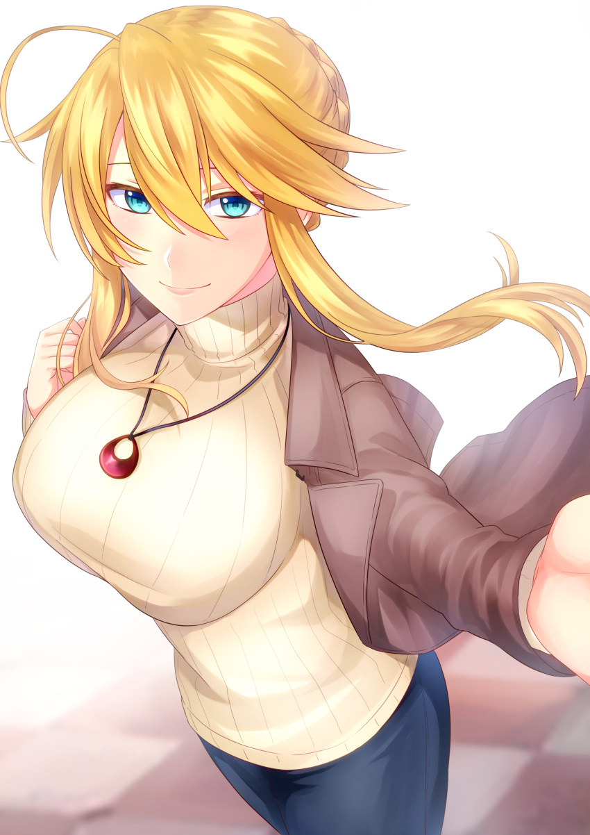 1girl absurdres artoria_pendragon_(all) artoria_pendragon_(lancer) blonde_hair blue_eyes blue_pants braided_bun breasts brown_jacket casual commentary_request contemporary denim fate/grand_order fate_(series) highres jacket jeans jewelry large_breasts looking_at_viewer necklace outstretched_hand pants ribbed_sweater short_hair_with_long_locks sidelocks smile solo sweater weaponman white_sweater