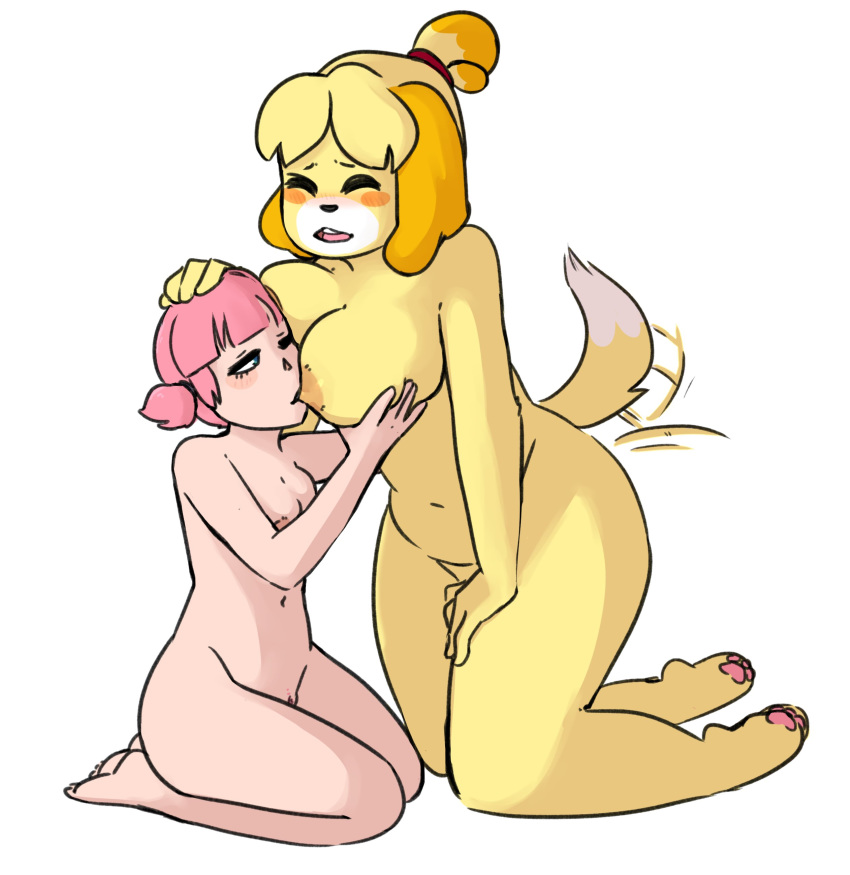 animal_crossing anthro big_breasts blonde_hair blue_eyes blush blush_sticker breast_grab breast_suck breasts canine dog duo eyes_closed feet female female/female female_on_anthro fur hair hand_on_breast hand_on_thigh head_grab hi_res hindpaw human human_on_anthro interspecies isabelle_(animal_crossing) kneeling larger_female looking_pleasured mammal nintendo nipple_suck nipples nude one_eye_closed open_mouth pawpads paws pigtails pink_hair pink_skin pussy rainbowsprinklesart shih_tzu simple_background size_difference smaller_female sucking tailwag video_games villager_(animal_crossing) white_background yellow_fur