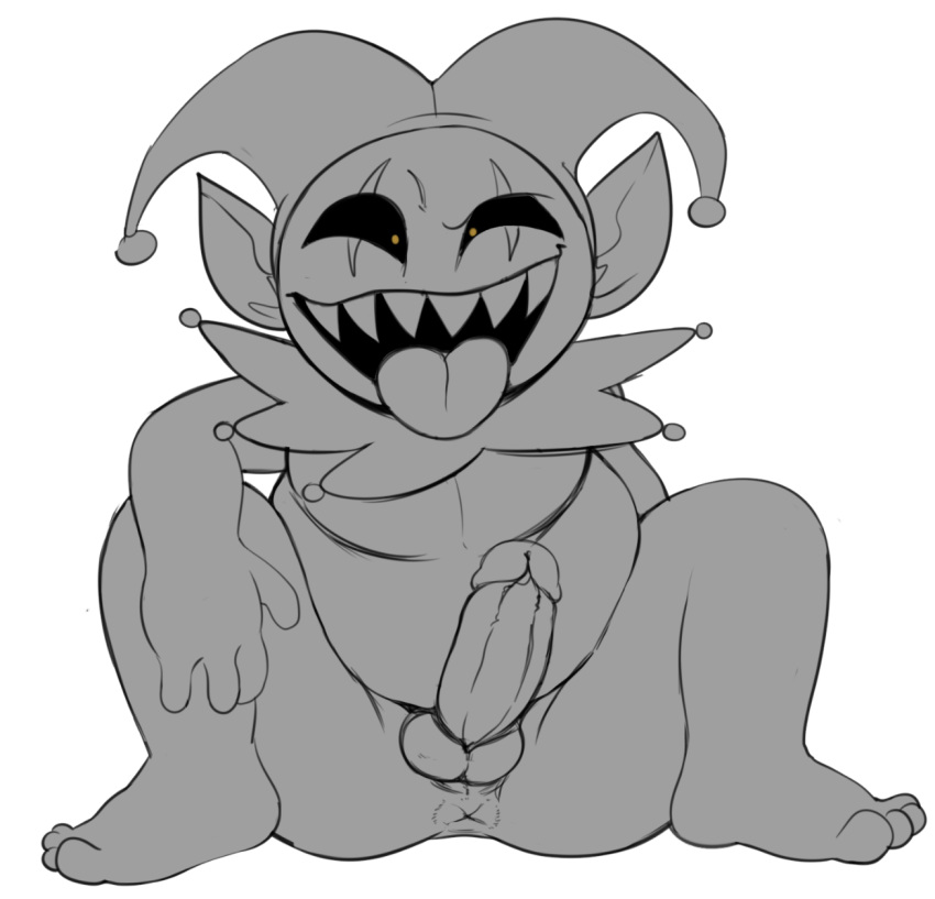 anus balls erection humanoid humanoid_penis imp jerseydevil jevil_(deltarune) line_art looking_at_viewer male not_furry overweight overweight_male penis simple_background solo spreading white_background