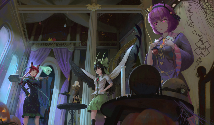 animal_ears bird_wings black_hair black_hat black_wings blouse bow braid breasts buttons candle cat_ears commentary curtains decorations despacito dress evil_smile extra_ears eyeball eyes frills ghost ghost_tail green_bow green_skirt hair_bow hair_ornament hairband hand_on_hip hardhat hat hat_ribbon heart heart_hair_ornament heart_of_string helmet highres horns invisible kaenbyou_rin komeiji_koishi komeiji_satori lamp light_particles light_rays long_hair long_sleeves looking_at_another looking_down mini_hat mirror multiple_girls palace pillar pink_eyes pink_hair pink_skirt pumpkin red_eyes red_hair reiuji_utsuho ribbon shirt short_hair shovel silk skirt skull smile spider_web table teasmacker third_eye touhou twin_braids wide_sleeves wings