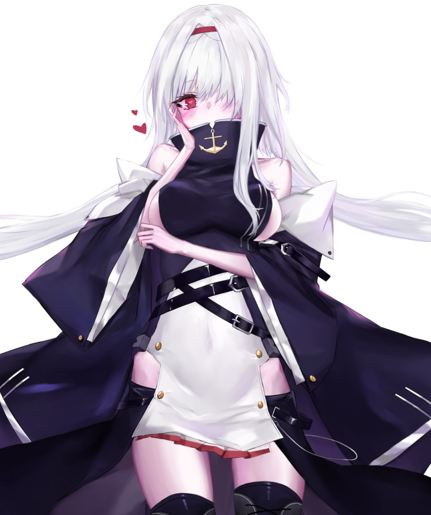 arm_strap azur_lane bangs bare_shoulders belt belt_buckle blush breasts buckle coat colorado_(azur_lane) detached_sleeves dress eyebrows_visible_through_hair hair_over_one_eye hairband hand_on_own_cheek hands_up heart heart-shaped_pupils highres large_breasts long_hair looking_at_viewer multiple_straps red_eyes red_hairband riru_(pixiv_9918114) sideboob sidelocks simple_background skirt sleeveless sleeveless_dress solo symbol-shaped_pupils thighhighs white_background white_hair zettai_ryouiki