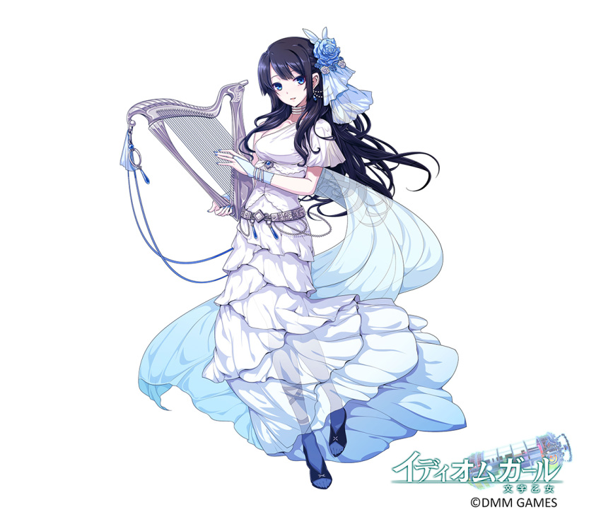 black_footwear black_hair blue_gloves blue_legwear blue_nails breasts company_name copyright_name dougan_calpis_con dress earrings fingerless_gloves flower full_body gloves hair_flower hair_ornament holding holding_instrument idiom_girl instrument jewelry long_hair looking_at_viewer lyre medium_breasts nail_polish official_art see-through simple_background solo standing toes very_long_hair watermark white_background white_dress