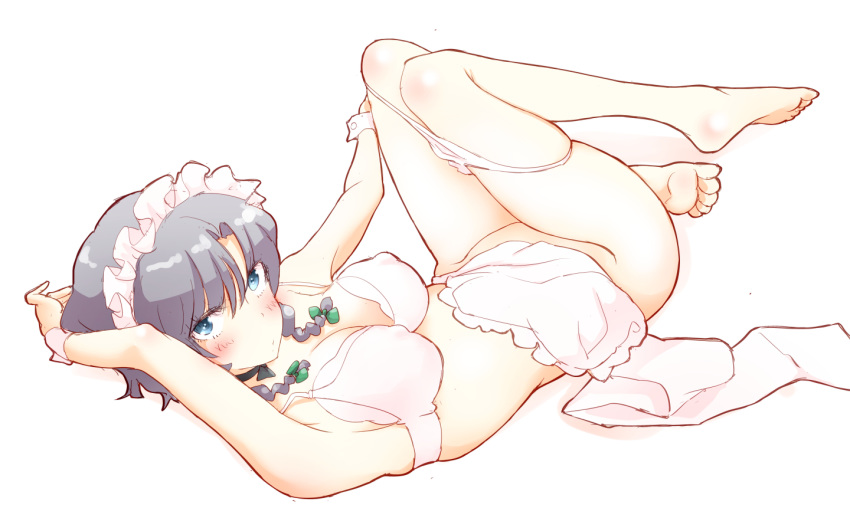 apron apron_removed arm_behind_head arm_up armpits bangs bare_arms bare_shoulders barefoot black_ribbon blue_eyes blush bottomless bow bra braid breasts choker cleavage commentary_request convenient_leg covered_nipples green_bow groin hair_bow izayoi_sakuya knees_up large_breasts looking_at_viewer lying maid_apron maid_headdress non_(z-art) on_back panties panty_pull ribbon ribbon_choker short_hair silver_hair simple_background skindentation solo thighs touhou twin_braids underwear waist_apron white_apron white_background white_bra white_panties wrist_cuffs