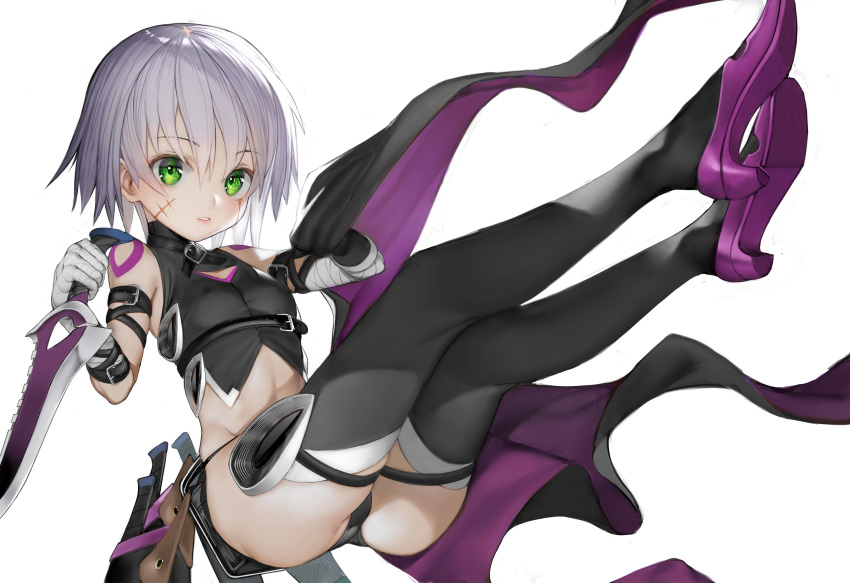 absurdres ass bandaged_arm bandages bangs bare_shoulders black_footwear black_gloves black_legwear black_panties black_shirt blush boots breasts dagger eyebrows_visible_through_hair facial_scar fate/grand_order fate_(series) gloves green_eyes grey_hair hair_between_eyes high_heel_boots high_heels highres holding holding_dagger holding_weapon jack_the_ripper_(fate/apocrypha) looking_at_viewer nyatabe panties parted_lips scar scar_across_eye scar_on_cheek shirt shoe_soles short_hair shoulder_tattoo simple_background single_glove sleeveless sleeveless_shirt small_breasts solo tattoo thigh_boots thighhighs underwear weapon white_background