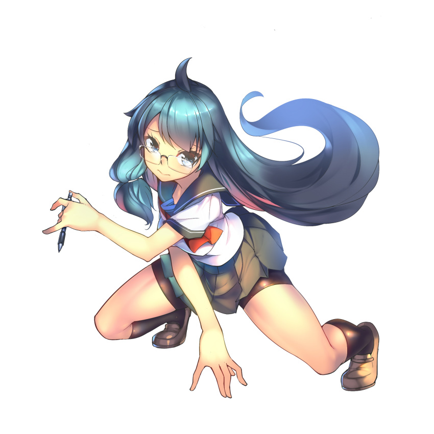 black_legwear black_shorts blue_eyes blue_hair brown_footwear full_body glasses highres huangquan_dong_(sinchi) long_hair original pen school_uniform shorts smile socks very_long_hair white_background