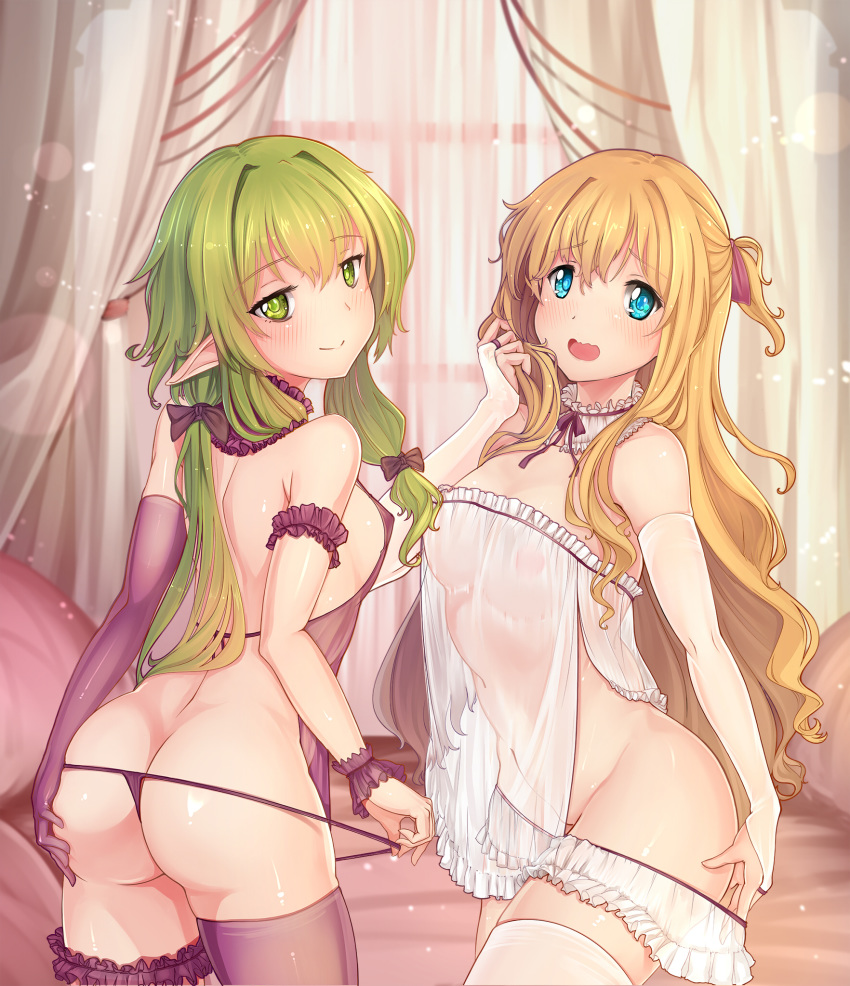 :&gt; arched_back arm_behind_back arm_garter ass bangs bare_shoulders bed blonde_hair blue_eyes blush bow breasts bridal_gauntlets commentary_request covered_nipples cowboy_shot curtains detached_collar dudou elf eyebrows_visible_through_hair from_side gloves goblin_slayer! green_eyes green_hair hair_bow half-closed_eyes hand_in_hair high_elf_archer_(goblin_slayer!) highres indoors leg_garter lingerie long_hair looking_at_viewer looking_back multiple_girls open_mouth panties panty_pull pointy_ears priestess_(goblin_slayer!) pulled_by_self purple_bow purple_gloves purple_legwear revision rhineheim see-through shiny shiny_skin side_ponytail single_glove single_thighhigh small_breasts smile standing string_panties thighhighs thong underwear white_legwear window wrist_cuffs