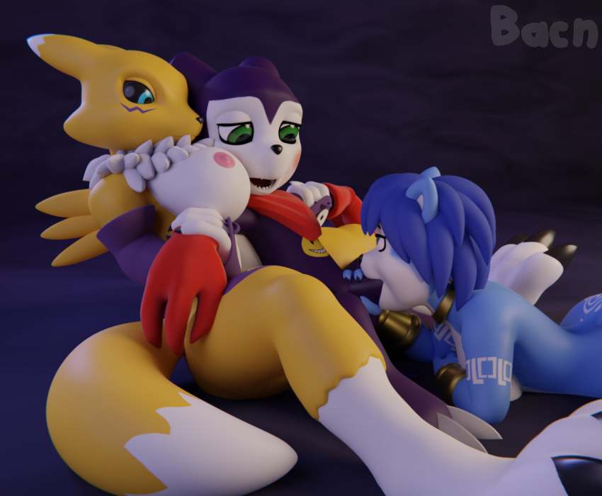 2018 3_toes 3d_(artwork) anthro armwear bacn big_breasts black_sclera blue_eyes blue_fur blue_hair blush bound breasts butt canine claws clothing digimon digimon_(species) digital_media_(artwork) domination erection f/f/m fellatio female female_domination forced forced_oral fox fur group group_sex hair humanoid_penis imp impmon krystal male male/female mammal nintendo nipples nude open_mouth oral penetration penis rape renamon sex simple_background star_fox submissive_male threesome toes tuft video_games